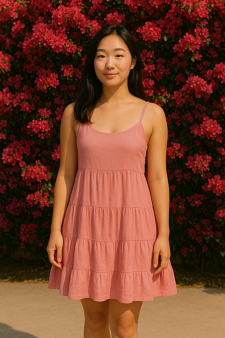 Asian woman in pink summer dress in front of pink bougainvillea – Photorealistic scene